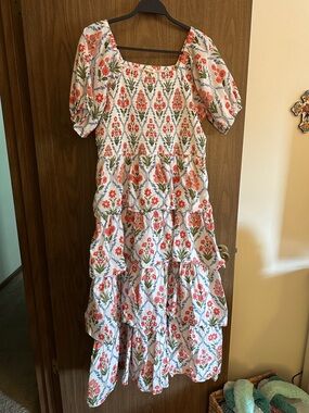 DownEast White Maxi Dress with Red & Green Floral Print